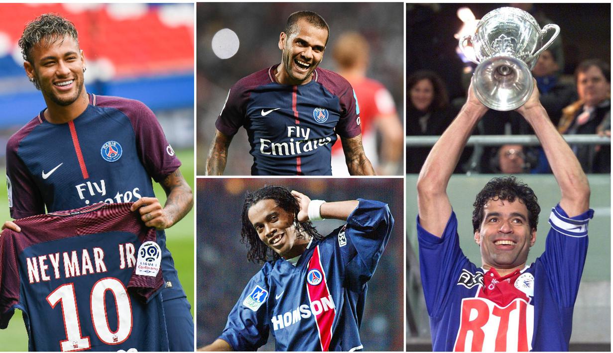 Berikut ini Neymar Jr dan enam pemain bintang asal Brasil yang pernah merumput di Paris Saint-Germain. Diantaranya Ronaldinho, Rai dan Dani Alves. (Foto-foto Kolase AFP).