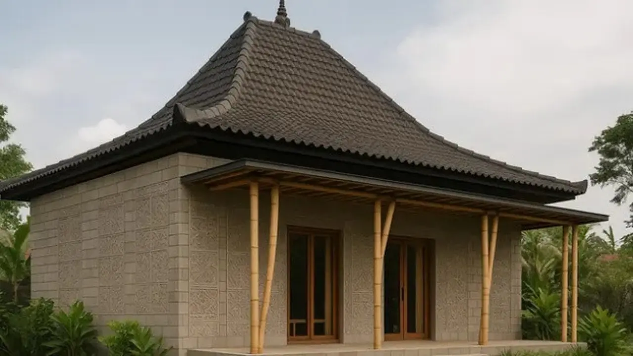 Model Rumah Bambu dan Batako Sederhana dengan Atap Joglo/Ilustrasi AI