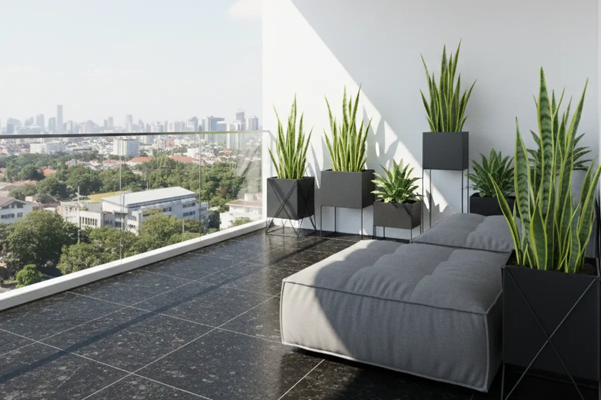 Desain Teras Lahan Sempit dengan Lantai Granit