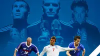 Ilustrasi - Zinedine Zidane, David Beckham, Alessandro Del Piero (Bola.com/Adreanus Titus)