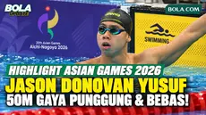 Highlight perjuangan Jason Donovan Yusuf saat berlomba pada babak penyisihan nomor 50 meter gaya punggung dan 50 meter gaya bebas di Asian Games 2026. Saksikan aksi perenang Indonesia tersebut saat beradu cepat di kolam renang dan berupaya memberikan...