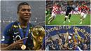 Performa apik Kylian Mbappe saat membawa Prancis juara di Piala Dunia 2018 usai mengalahkan Krosia 4-2 di partai Final. Saat itu, Mbbape menjadi pemain muda yang belum genap berusia 20 tahun. Berikut momen Mbbape saat bawa Prancis juara Piala Dunia 2018. (kolase foto AFP)