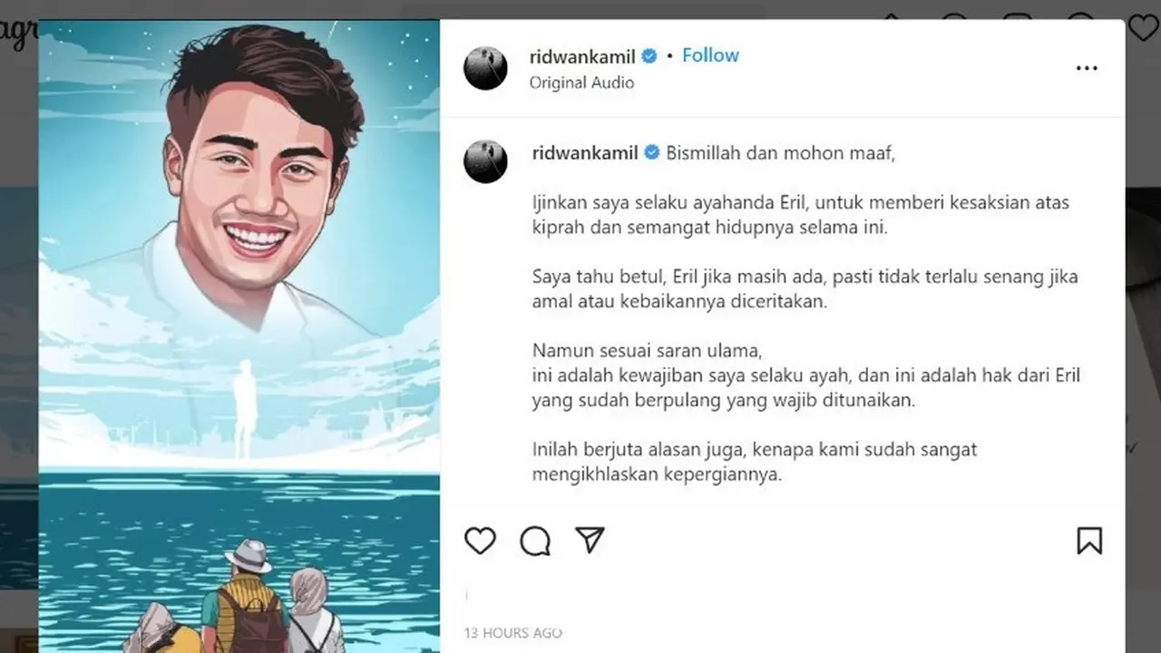 Gubernur Jawa Barat Ridwan Kamil menulis pesan haru sampaikan kebaikan sang anak, Emmeril Kahn Mumtadz atau Eril semasa hidup.