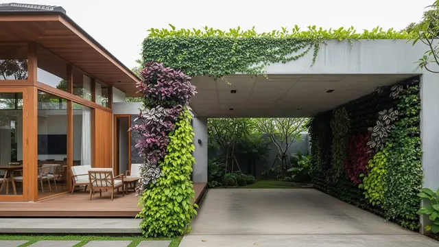 Desain Teras Sekaligus Carport dengan Tanaman Rambat