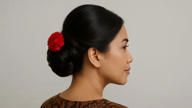 Model Rambut Sanggul Sederhana dengan Aksen Bunga untuk Rayakan 17 Agustus 2025 Kemerdekaan HUT RI ke-80/Ilustrasi AI
