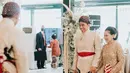 Potret gemas Pak Jokowi menggandeng tangan Ibu Iriana dibalut baju adat Jawa. Pak Jokowi mengenakan beskap putih bersiluet modern dengan bros emas di dada dan obi merah di pinggang, serta kain batik sebagai bawahan. Ibu Iriana tak kalah elegan berbalut kebaya emas panjang yang gemerlap dengan obi merah, dan kain batik yang serasi sebagai rok. [Foto: Instagram/doleytobing]