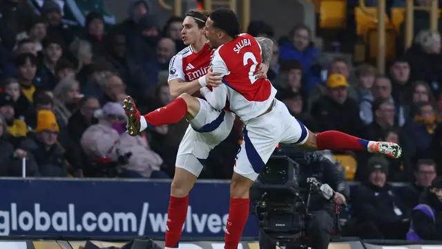 Selebrasi pemain Arsenal saat mempermalukan Wolverhampton