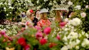 Pengunjung berdiri dekat bunga mawar yang dipajang pada RHS (Royal Horticultural Society) Chelsea Flower Show, London, Senin (21/5). Festival tahunan ini yang diadakan selama lima hari pada bulan Mei oleh Royal Horticultural Society. (AP/Matt Dunham)
