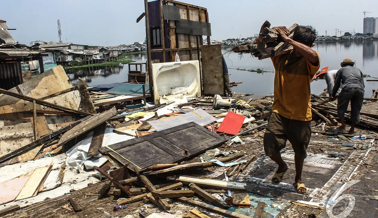 Sejumlah warga membongkar bangunan rumahnya sendiri di bantaran waduk Pluit, Jakarta, Rabu (5/11/2014). (Liputan6.com/Faizal Fanani)