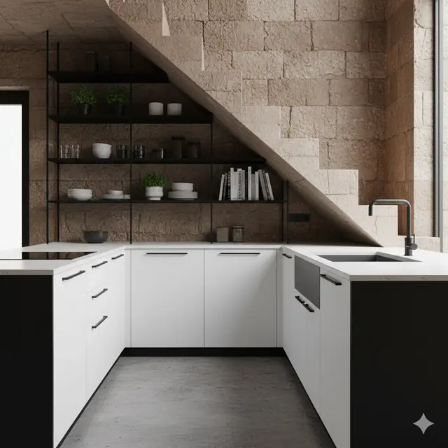 Dapur Bawah Tangga dengan Rak Besi dan Pencahayaan Natural 2025. Gemini