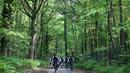 Para pemain Prancis bersepeda di sekitar markas latihan Les Blues di Clairefontaine, Rabu (23/5/2018). Bersepeda merupakan salah satu menu latihan untuk meningkatan kebugaran jelang Piala Dunia 2018. (AFP/Franck Fife)