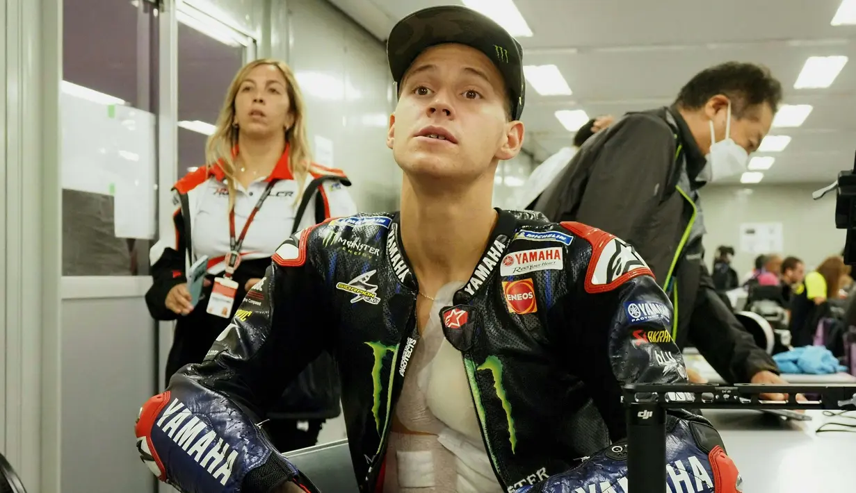 Namun insiden di MotoGP Aragon tak menyurutkan semangat Quartararo untuk tampil lebih baik di MotoGP Jepang yang berlangsung di Sirkuit Motegi, Minggu (25/9/2022). (AFP/Toshifumi Kitamura)