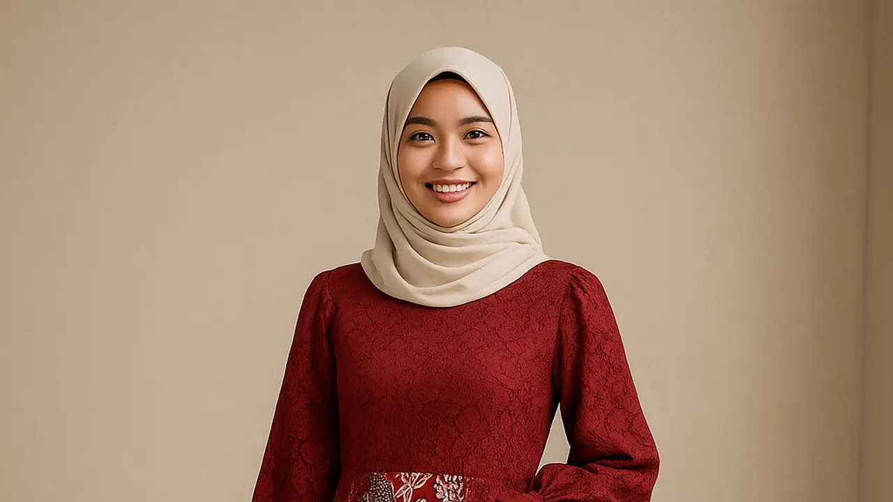Model Long Dress Brokat Kombinasi Batik Modern Lengan Bishop/Ilustrasi Gambar AI