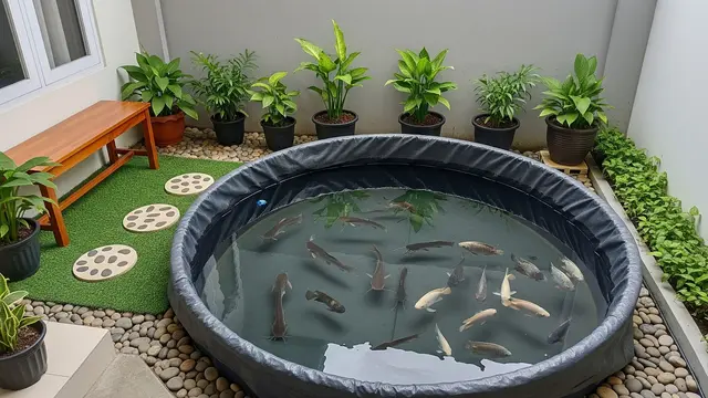 Model Halaman Belakang Rumah Kecil dengan Kolam Ikan Lele atau Nila untuk Konsumsi/ Ilustrasi AI