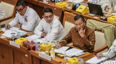 Menteri Energi dan Sumber Daya Mineral (ESDM), Arifin Tasrif (kiri) saat mengikuti rapat kerja dengan Komisi VII DPR di Kompleks Parlemen, Senayan, Jakarta, Kamis (31/8/2023). (Liputan6.com/Faizal Fanani)