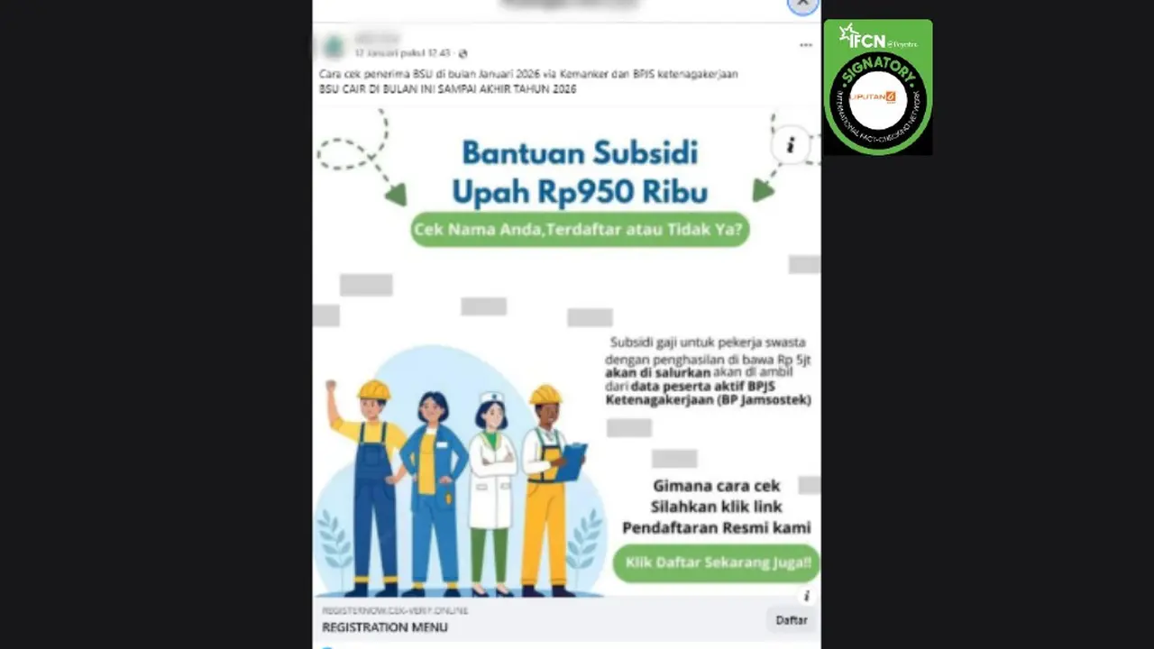 Tangkapan layar klaim link untuk mengecek status penerima BSU Januari 2026 yang beredar di Facebook.