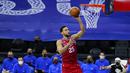 Pebasket Philadelphia 76ers, Ben Simmons berusaha memasukan bola kedalam ring pada laga lanjutan NBA melawan LA Lakers di Wells Fargo Center Arena, Philadelphia, AS, Kamis (28/1/2021). (Foto: AP Photo/Matt Slocum)