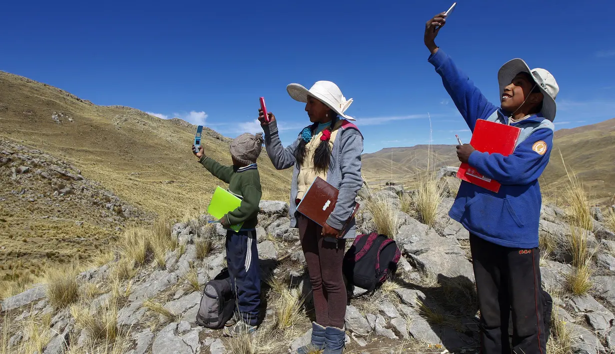 Cabrera bersaudara mencari sinyal di atas bukit untuk menghadiri kelas virtual di komunitas dataran tinggi Conaviri yang terpencil di Andes Peru, 24 Juli 2020. Sejak sekolah ditutup akibat COVID-19, mereka bergantung pada ponsel untuk mengakses platform "Belajar di Rumah".  (Carlos MAMANI/AFP)