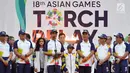 Gubernur DKI Jakarta, Anies Baswedan memberi sambutan usai Api Obor Asian Games 2018 tiba di Balai Kota, Jakarta, Rabu (15/8). (Liputan6.com/Fery Pradolo)