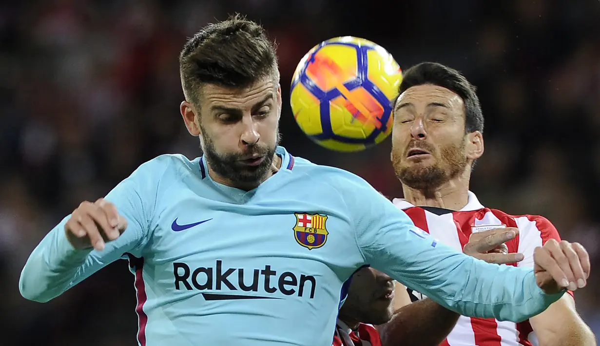Athletic Bilbao. Gerard Pique tercatat total 24 kali menghadapi Athletic Bilbao saat berseragam Barcelona di Liga Spanyol dengan torehan menang 16 kali, imbang 5 kali dan 2 kali kalah. Kemenangan terbesar atas Athletic Bilbao terjadi dengan skor 6-0 pada pekan ke-20 musim 2015/2016. Total ia menyumbang 1 gol dari 24 laga kontra Athletic Bilbao. (AFP/Ander Gillenea)