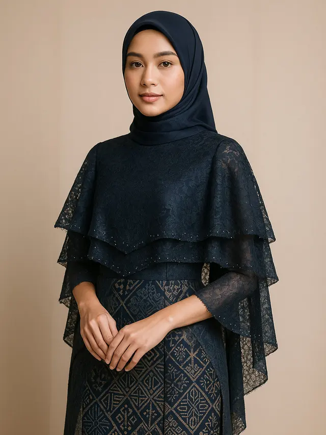 10 Model Long Dress Batik Kombinasi Brokat Lengan Cape Layer Tiga Lapis, Simpel dan Elegan untuk Acara Resmi