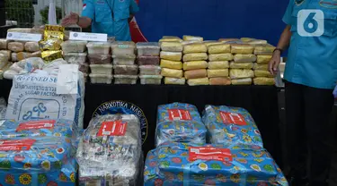 Petugas Badan Narkotika Nasional (BNN) menata barang bukti narkotika saat pemusnahan barang bukti hasil sitaan di Kantor BNN, Jakarta, Selasa (25/5/2021). BNN memusnahkan barang bukti hasil sitaan dari sembilan lokasi pada Januari sampai Mei 2021. (merdeka.com/Imam Buhori)