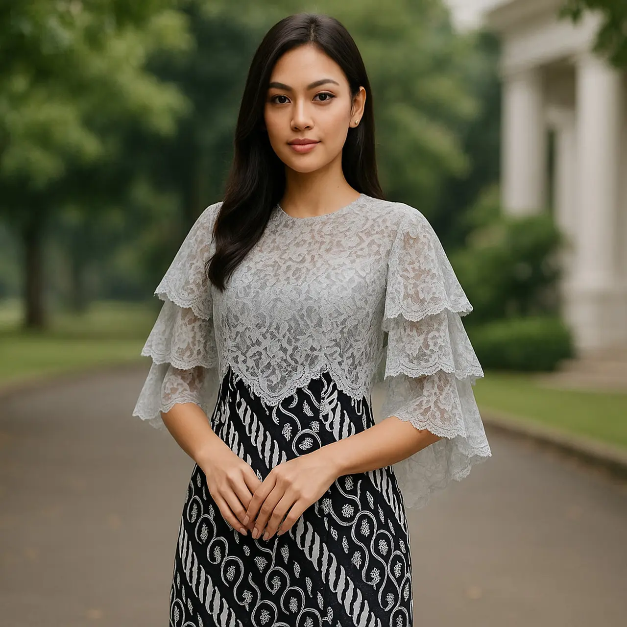 10 Model Long Dress Batik Kombinasi Brokat Lengan Cape Layer Tiga Lapis ...