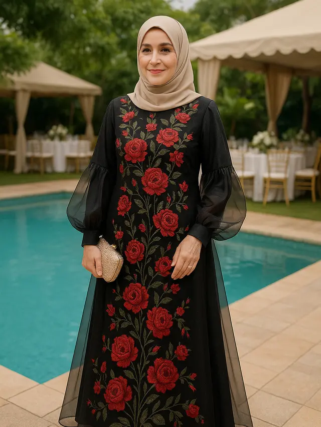Gamis Abaya Motif Bunga untuk Kondangan Ibu-ibu Usia 50 Tahunan