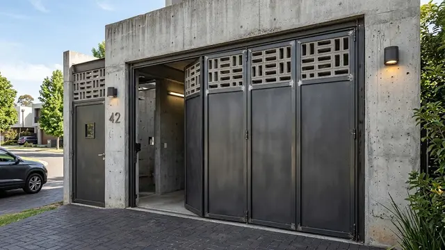 Pintu Garasi Lipat Bergaya Industrial dengan Roster Semen Ekspos