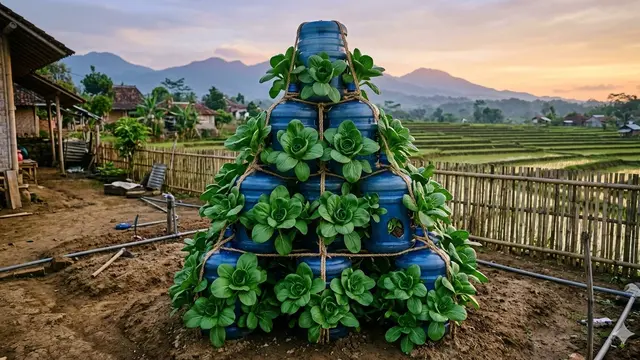 Ide Kebun Vertikal dari Galon Air Mineral Bekas. AI