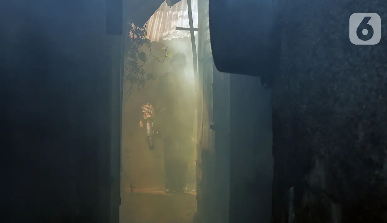 Petugas melakukan pengasapan atau fogging untuk membasmi nyamuk demam berdarah dengue (DBD) di perumahan warga di Jakarta, Sabtu (11/4/2020). Fogging dilakukan sebagai langkah pengendalian vektor nyamuk DBD. (Liputan6.com/JohanTallo)