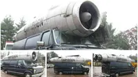 Sebuah mobil van bermerk Ford menggendong sebuah mesin jet dari pesawat yang diletakkan pada bagian atap. 