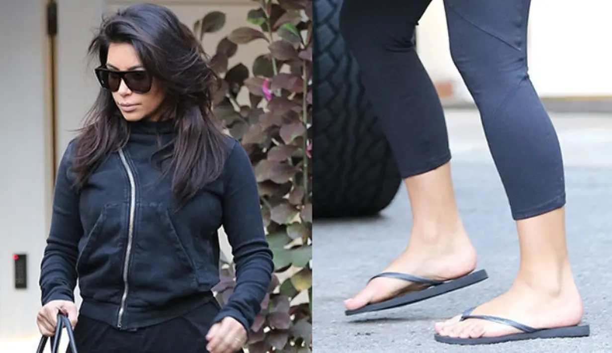 Selebriti Hollywood bisa dibilang kaya raya. Kendati demikian, mereka masih juga menggunakan sandal jepit loh! Kim Kardashian, contohnya! (REX/Shutterstock/HollywoodLife)