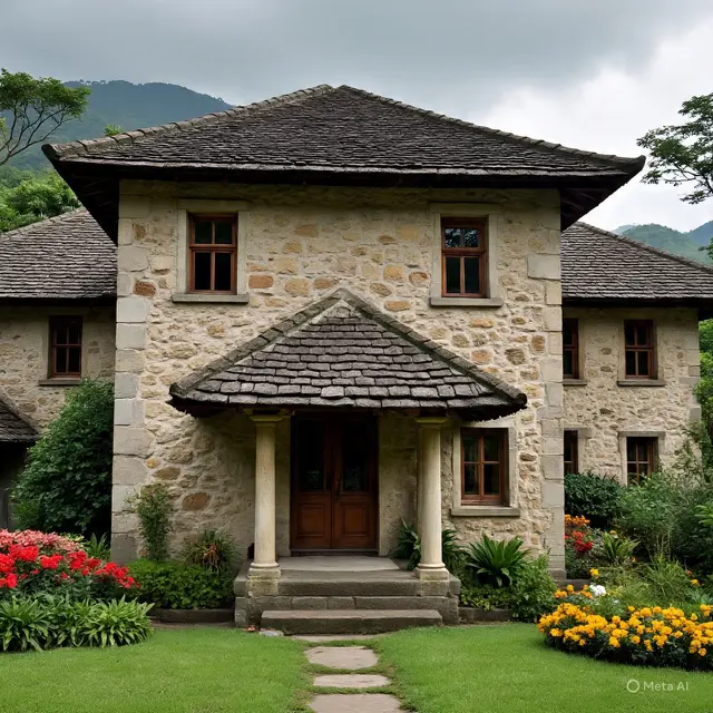 Desain Rumah Gaya Klasik Eropa dengan Pilar Megah. Meta AI