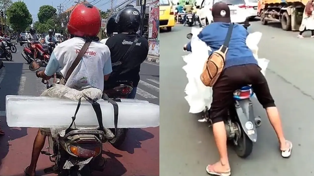 6 Potret Orang Bawa Es Batu Pakai Motor, Berpacu dengan Waktu