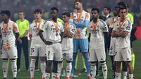 Ekspresi pemain Real Madrid usai laga final Piala Super Spanyol 2025 melawan Barcelona di King Abdullah Sport City, Jeddah pada Senin (13/1/2025) dini hari WIB. (FADEL SENNA/AFP)
