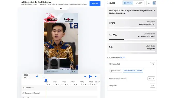 Video klaim Gibran Rakabuming Raka menyampaikan dana bantuan pensiunan menunjukkan buatan AI. (Foto: tangkapan layar Hive moderation)