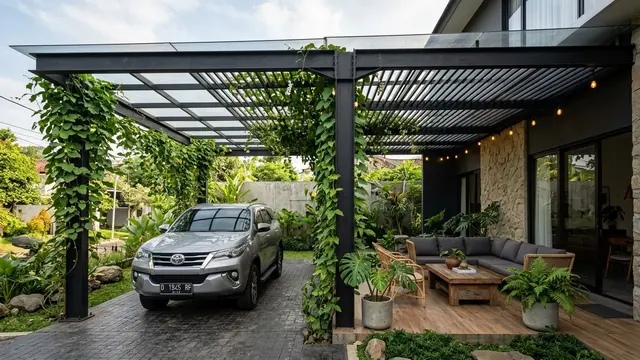Desain Kanopi untuk Parkir, Tanaman Rambat, dan Area Santai  (AI Generated)