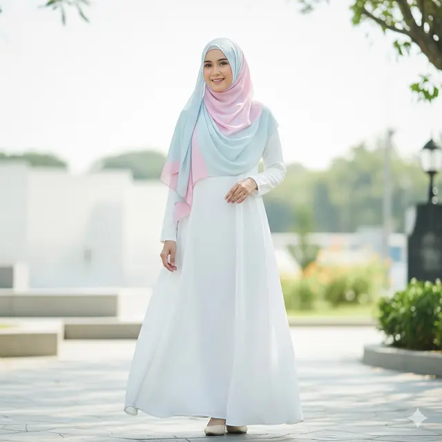 Dress Putih dengan Hijab Pastel