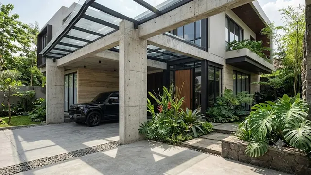 Carport Beton Ekspos dengan Atap Kaca Tempered
