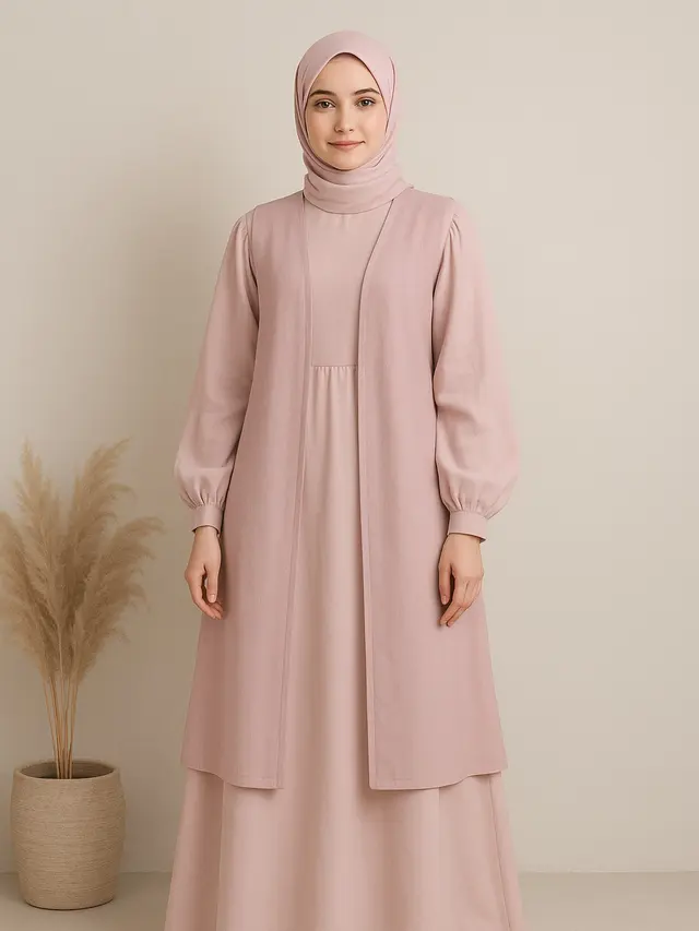 Model Gamis Kombinasi Rompi Panjang Lengan Balon