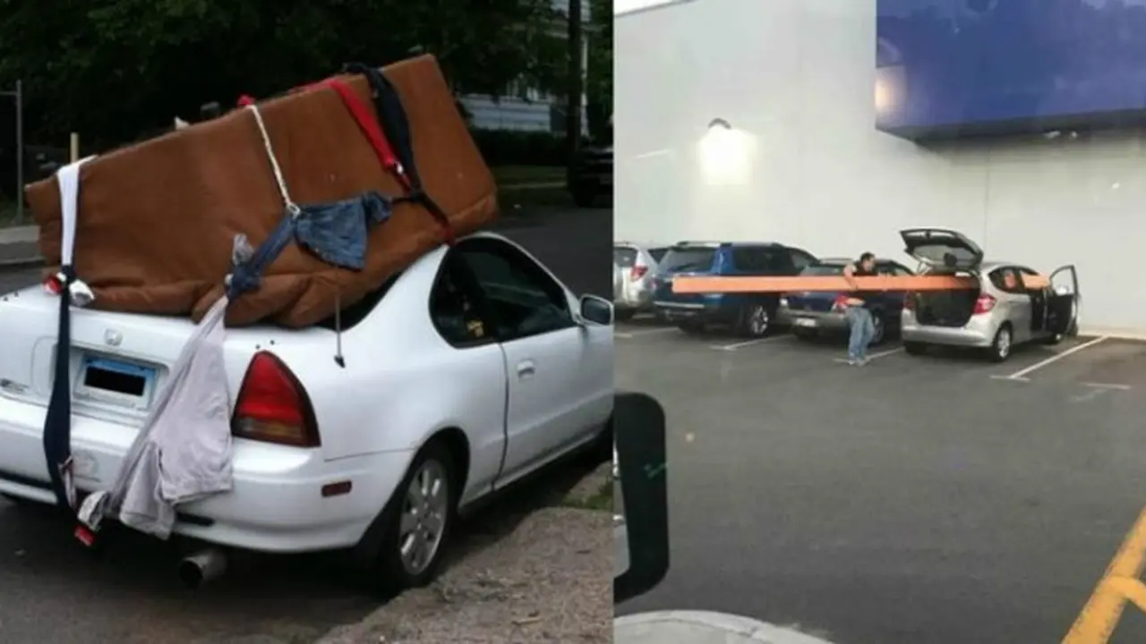 Cara kurang cerdas membawa barang besar dengan mobil.