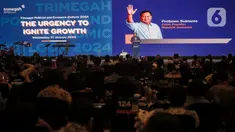 Calon Presiden (Capres) nomor urut 2, Prabowo Subianto memberikan paparan dalam acara Trimegah Political and Economic Outlook 2024 di Jakarta, Rabu, (31/1/2024). (Liputan6.com/Angga Yuniar)