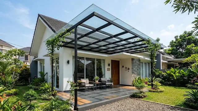 Kanopi Transparan dengan Rangka Kotak-Kotak