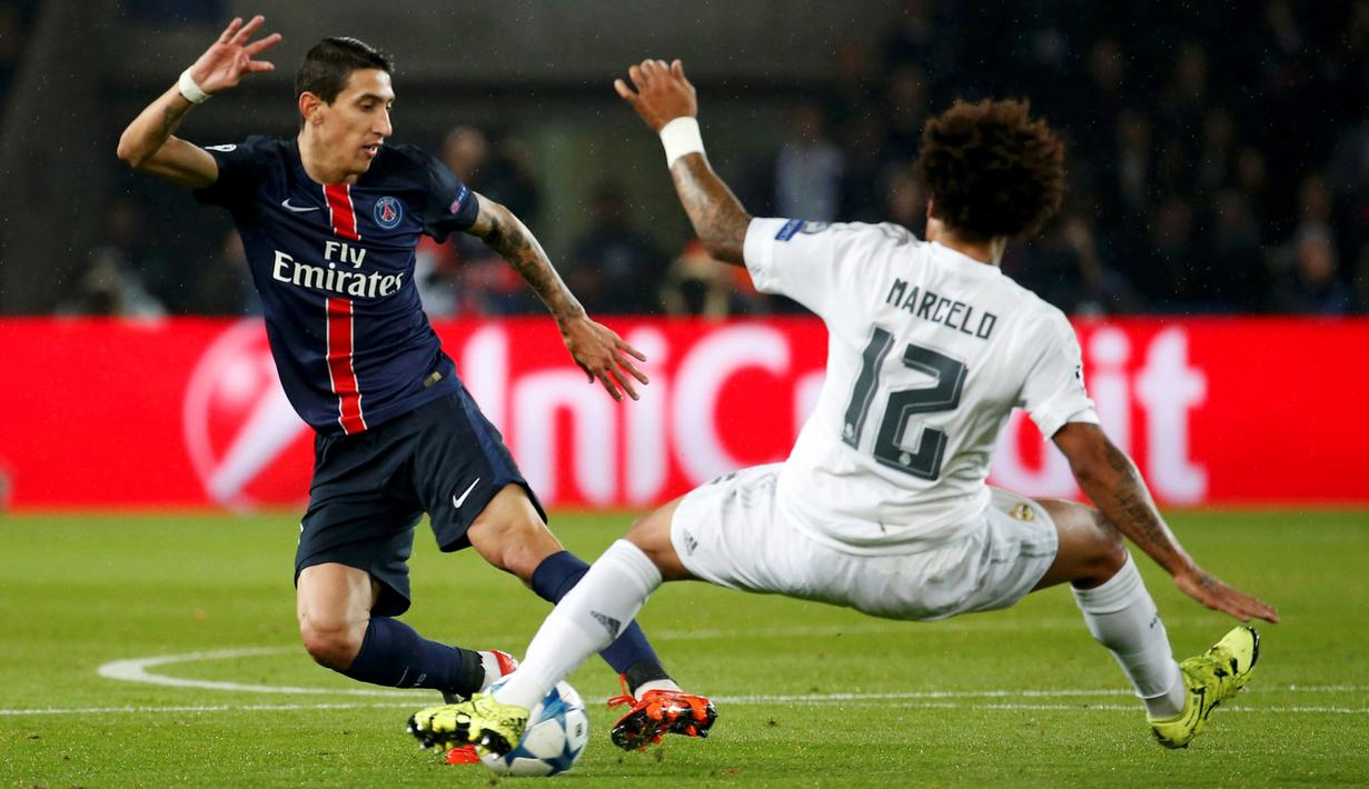 Aksi Angel di Maria melewati Marcelo di lanjutan Grup A Liga Champions di Stadion Parc des Princes, Paris, Prancis, Kamis (22/10/2015) dini hari WIB. (Reuters/Charles Platiu)