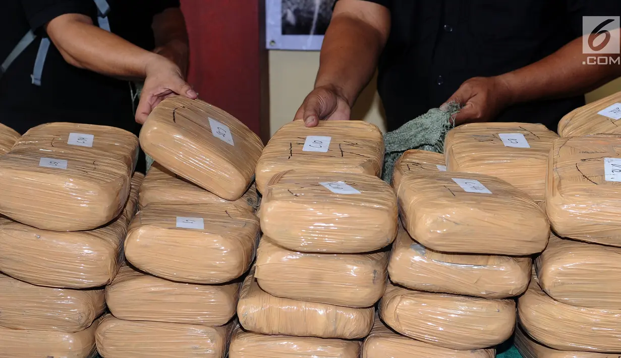  Petugas memperlihatkan barang bukti 225 kg ganja saat rilis di RS Polri Kramat Jati Jakarta, Rabu (30/8). Satresnarkoba Polda Metro Jaya menggagalkan peredaran 225 kg ganja asal Aceh serta menangkap satu tersangka. (Liputan6.com/Helmi Fithriansyah)
