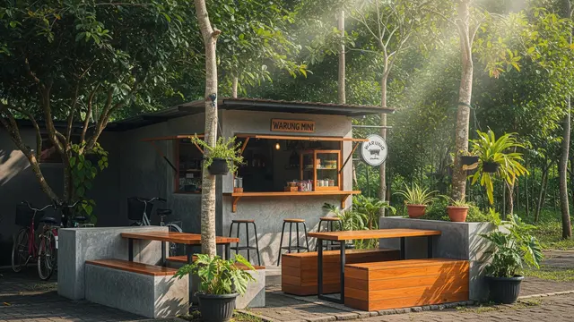 Warung Mini dengan Bangku Semen KOmbinasi Kayu
