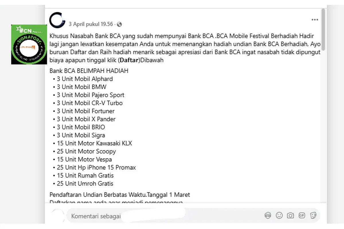 Tangkapan layar klaim Link Pendaftaran BCA Mobile Festival Berhadiah