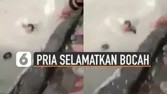 Aksi heroik dilakukan oleh seorang pria ketika ada bocah hanyut di sungai. Beruntungnya pria itu berhasil membawa bocah itu ke pinggir sungai dan selamat.