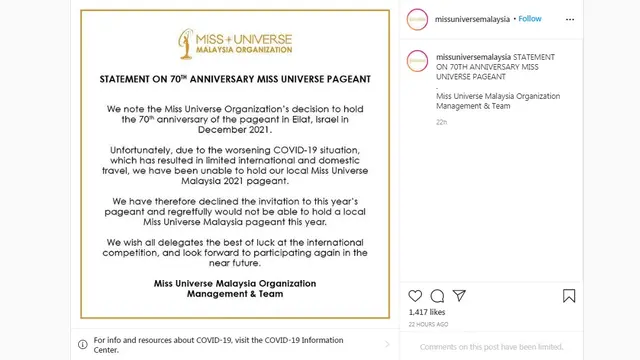Malaysia Absen di Miss Universe 2021 karena Lonjakan Kasus Covid-19